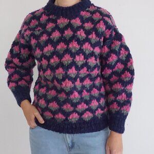 Handmade Navy Pink 100% Wool Boxy Fit Mock Neck Knit Sweater S